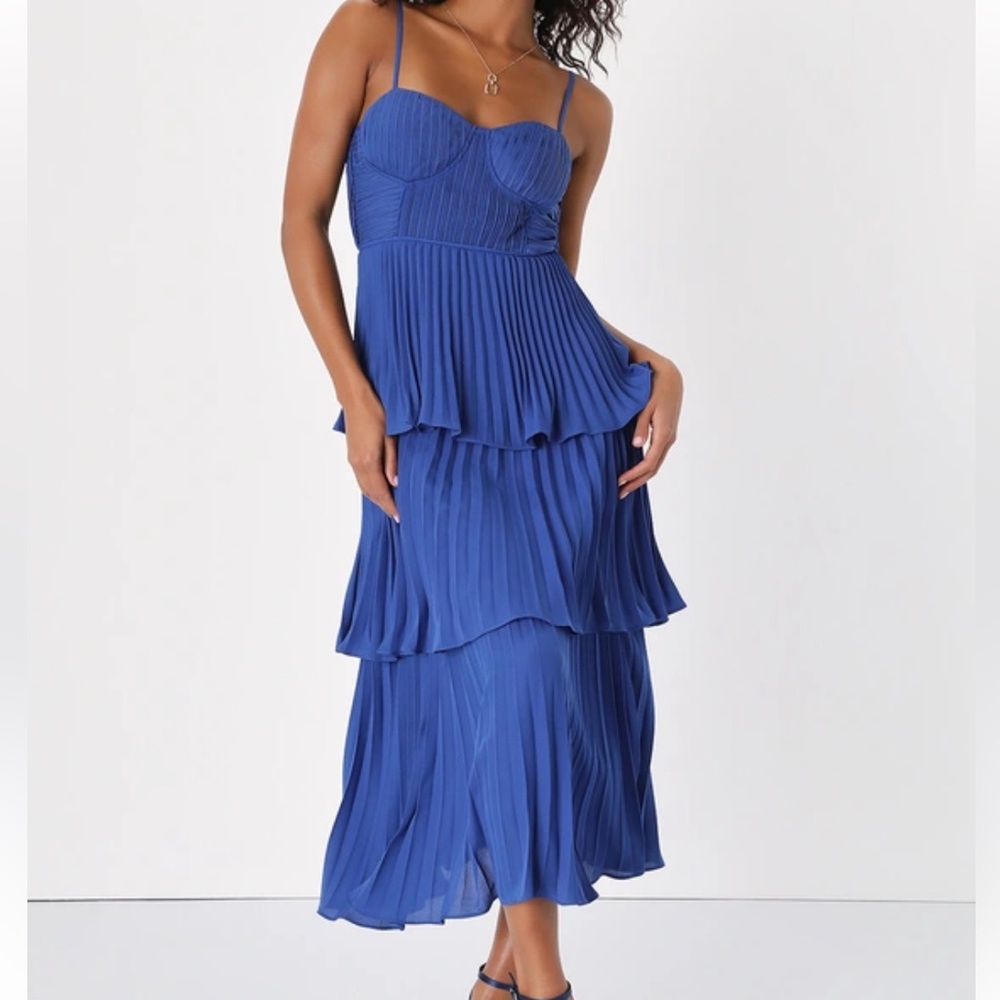 Lulu's Blue Pleated Tiered Midi Dress